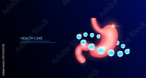 Stomach anatomy with medical icon sign symbol inside glowing ball surrounded. Human organ on dark blue background. Medical science health care concept. Banner Vector.