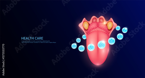 Tongue anatomy with medical icon sign symbol inside glowing ball surrounded. Human organ on dark blue background. Medical science health care concept. Banner Vector.