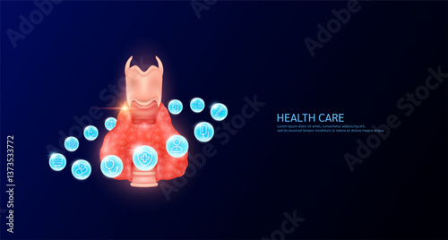Thyroid gland anatomy with medical icon sign symbol inside glowing ball surrounded. Human organ on dark blue background. Medical science health care concept. Banner Vector.