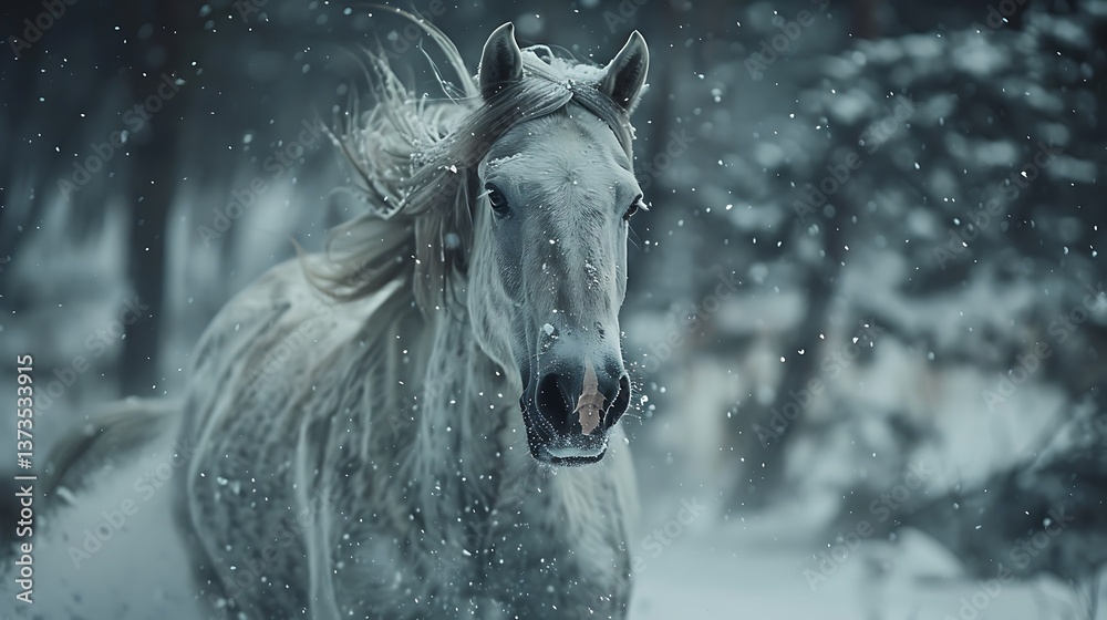 Obraz premium Majestic White Horse Running Through a Snowy Winter Forest A Breathtaking Scene of Nature's Beauty