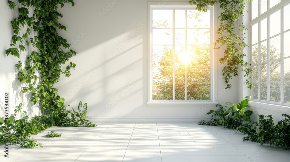 Fototapeta premium Sunlit Room with Lush Greenery and White Walls