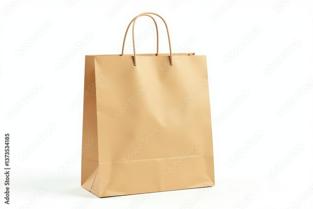 A single brown paper shopping bag, handles visible, isolated on pure white background , store, overhead shot A single brown paper shopping bag, handles visible, isolated on pure white background , store, overhead shot