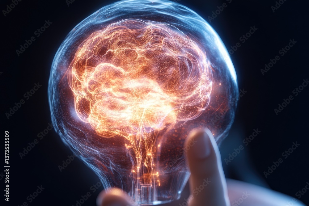Glowing brain within a lightbulb shape, held by a finger, bright and dynamic Glowing brain within a lightbulb shape, held by a finger, bright and dynamic
