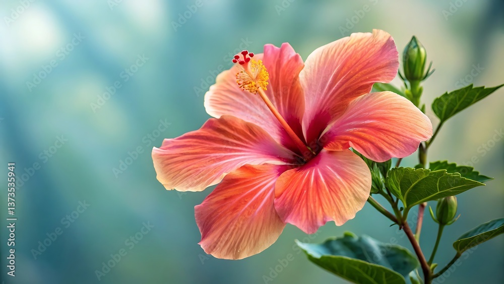 Fototapeta premium Vibrant Hibiscus Flower in Full Bloom Captured in Lush Greenery for Nature and Floral Photography Enthusiasts