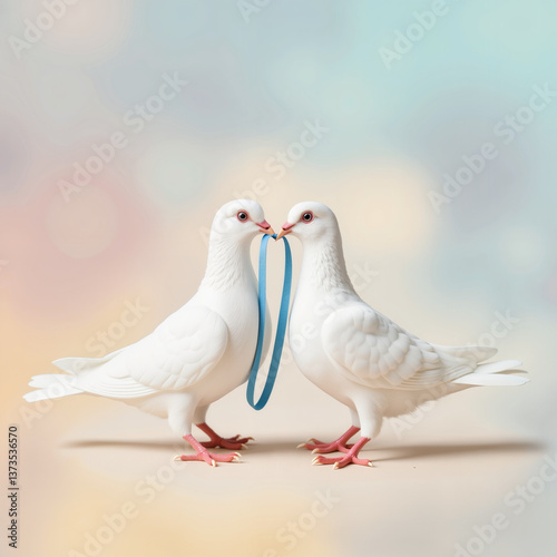 Two white doves holding a ribbon symbolizing love against a soft background  