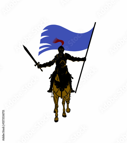 A warrior on horseback carrying a waving flag, clad in full armor and wielding a sword. The dark silhouette contrasts with the striking blue flag, symbolizing leadership and bravery.