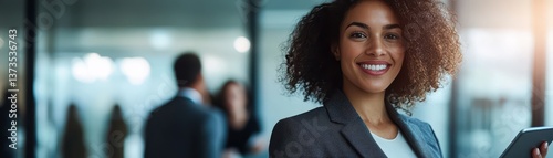 Young Businesswoman Smiling with Tablet in Modern Office Setting