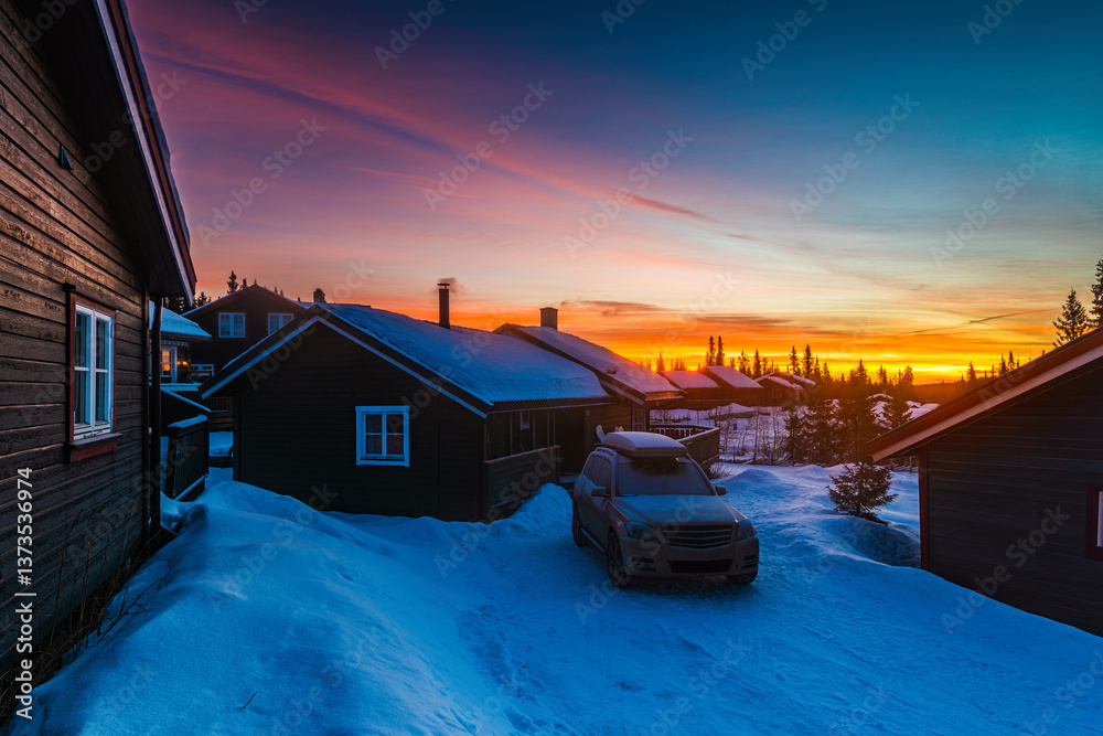 Stunning winter sunrise over a cozy cabin in Norway surrounded by snow and pine trees Stunning winter sunrise over a cozy cabin in Norway surrounded by snow and pine trees
