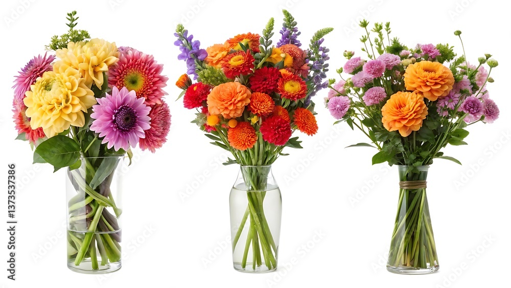 Fototapeta premium Vibrant Flower Bouquets in Clear Vases for Home Decor and Gift Ideas