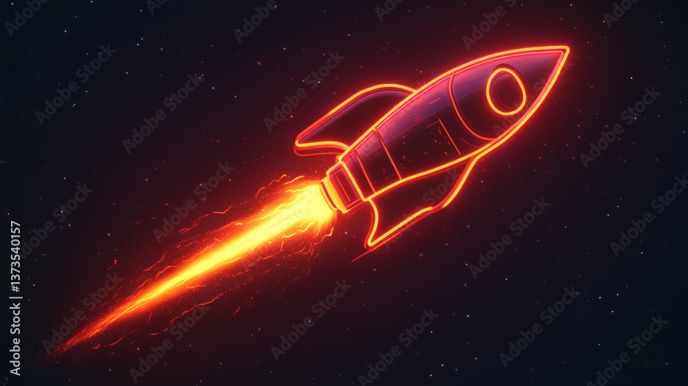 Obraz premium Neon rocket ship launching in starry outer space.