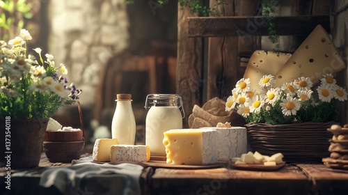 Beautifully arranged fresh farm milk station artisanal cheese product set rustic environment milk cheese presented elegant inviting way highlighting their natural quality craftsmanship High fidelity