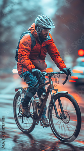 Young man riding bicycle in rainy city street wearing red jacket and helmet photo