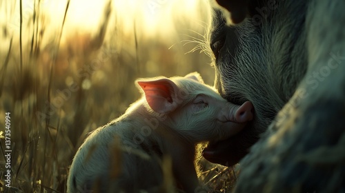 Close up of piglet suckling mother representing natural ethical livestock care soft natural lighting enhances warmth tenderness of moment peaceful farm setting High fidelity 8K resolution tender