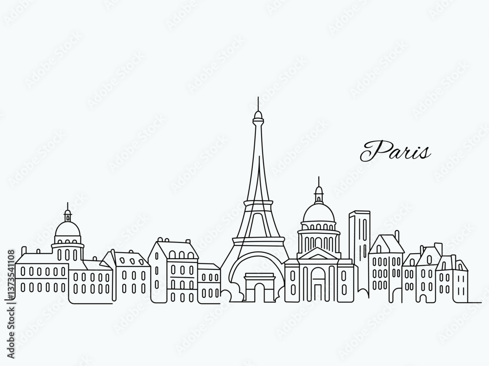 Naklejka premium Linear panorama of the city of Paris in France. skyscrapers and modern architecture. vector illustration continuous line on a white background