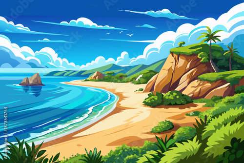 A stunning panoramic view of a sandy beach stretching under clear blue skies on a sunny day