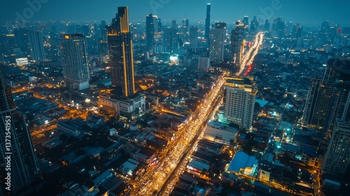 Vibrant nightlife scene jakarta city aerial view urban landscape dynamic environment city lights showcase