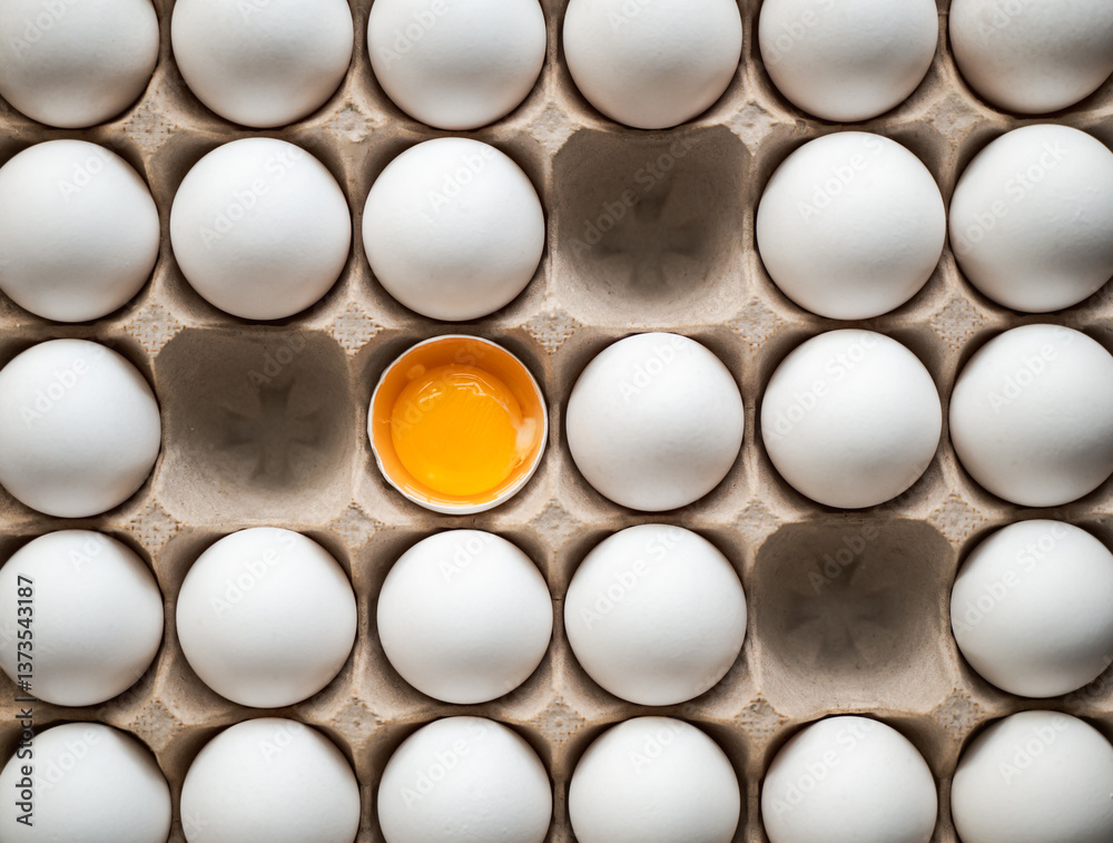 Top view of carton of white eggs with three missing and one broken. Top view of carton of white eggs with three missing and one broken.