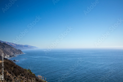 Expansive Pacific Ocean view from cliffs Big Sur, California coastline