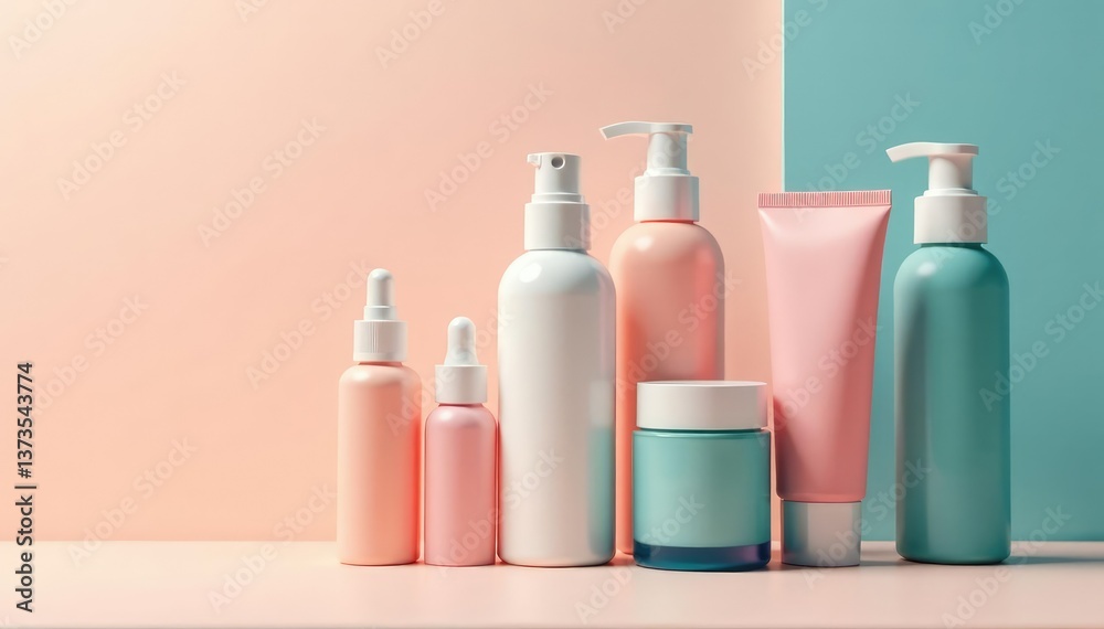 Set of various cosmetic bottles, clean backdrop , white background, cosmetics, mockup Set of various cosmetic bottles, clean backdrop , white background, cosmetics, mockup