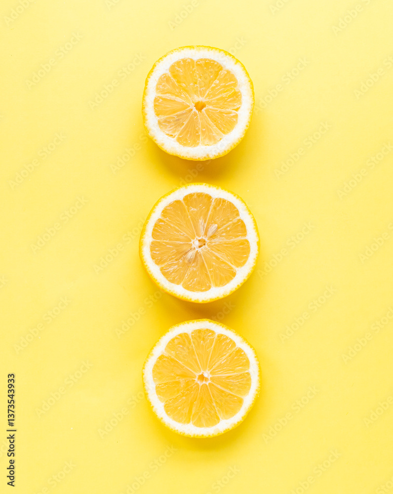 Overhead view of three slices of lemon on yellow background. Overhead view of three slices of lemon on yellow background.