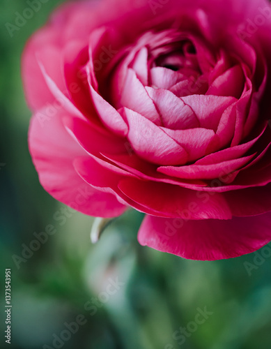 Close up of layered petals of pink ranunculus flower in garden.