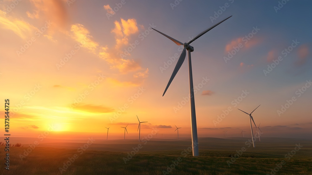 Obraz premium Picturesque Wind Farm at Glowing Sunset in Tranquil Countryside Landscape