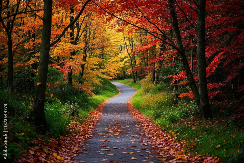 Naklejka premium Crimson and Gold Canopy Over a Peaceful Forest Trail