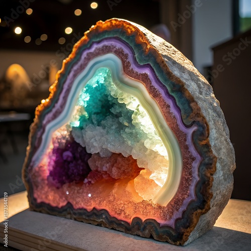 Colorful Layered Agate Geode Specimen Featuring Crystalline Interior with Backlit Glow