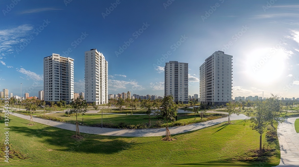 Fototapeta premium wide-angle shot, modern residential complex, park area, daytime sunlight