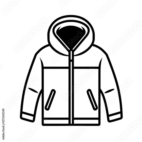 Minimalist black and white vector of a stylish winter jacket, symbolizing outdoor wear, modern fashion, and cold-weather essentials
