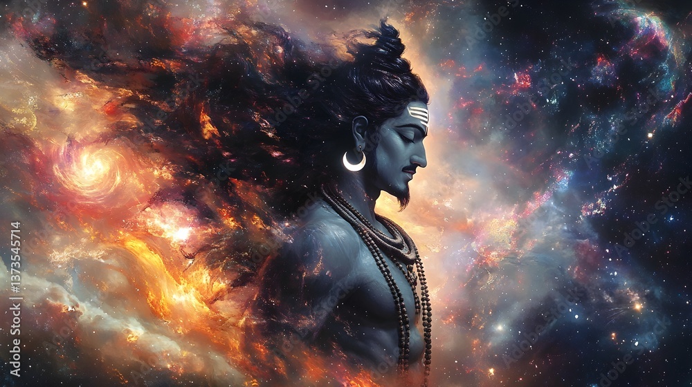 Obraz premium Shiva s Cosmic Dance A Vibrant Fusion of Hindu Mythology and Futuristic Abstraction