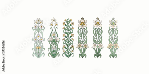 Print   Selection of three art nouveau style floral design elements  isolated on white background.decor, iris and orchids