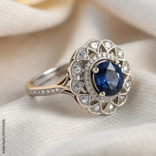 Elegant Silver Ring with Blue Sapphire Gemstone and Diamond Halo on Soft White Fabric