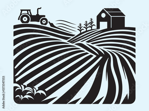 Classic Black Silhouette of Plowed Farmland