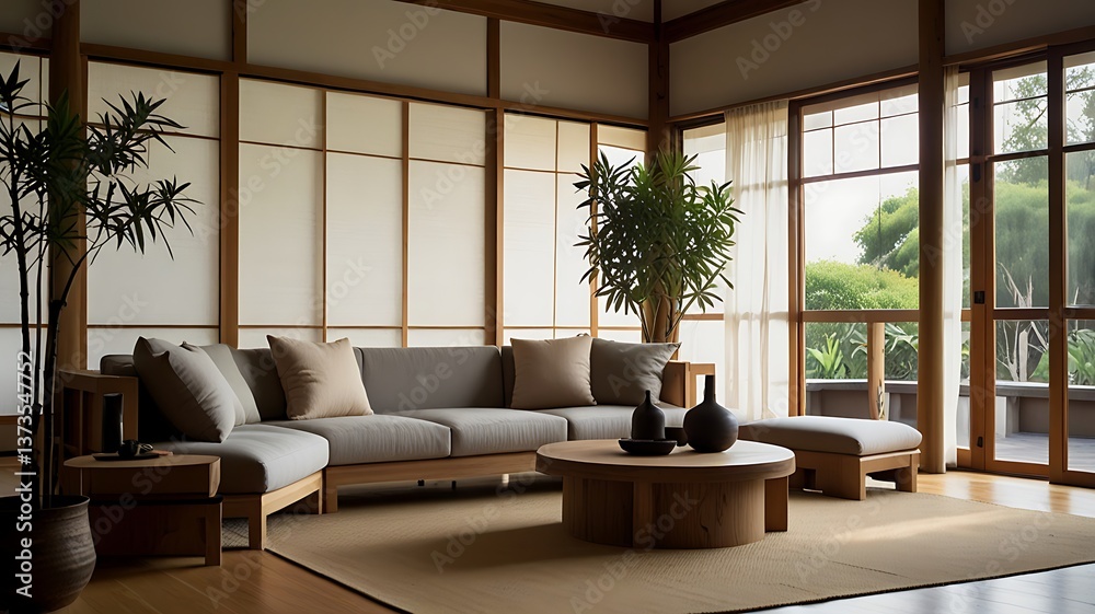 Fototapeta premium Living Room Interior with Sofa, Table, Plants and Minimalist Design