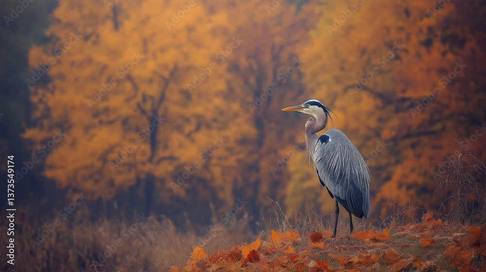 Fototapeta premium Wide shot of a heron in a tranquil autumn forest with blurry trees.