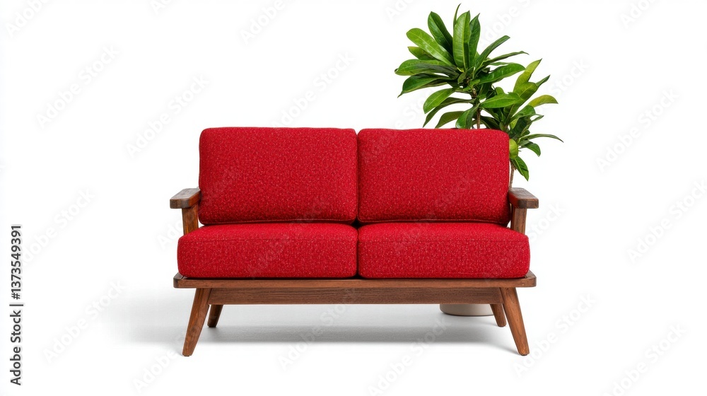 Fototapeta premium Red Mid Century Modern Loveseat with Wooden Frame on White Background