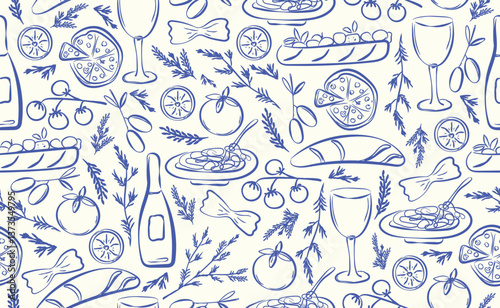 Hand drawn italian food seamless pattern. Chalk crayon sketch dish with pizza, cheese, pasta, croissant, olives, bottle wine, italy ingredients for menu in doodle style. Vector illustration.