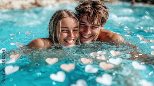 Happy couple enjoying time together in pool filled with heart shapes