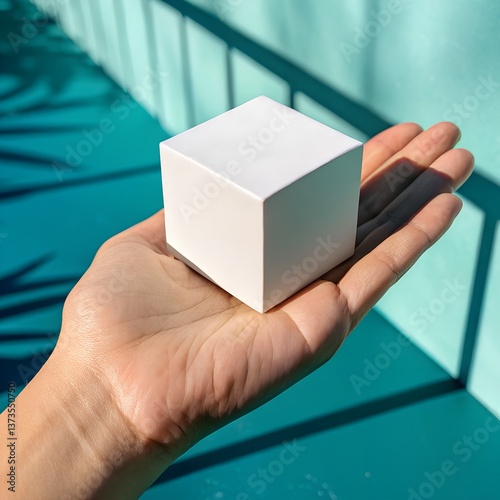 White Cube Held by a Hand on Aqua Background with Harsh Shadows and Bright Daylight