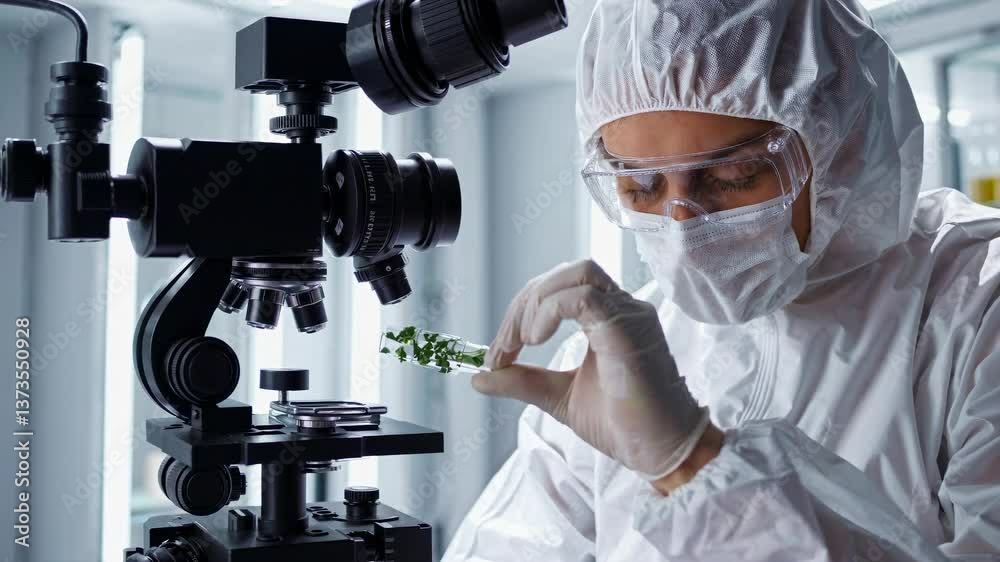 Científico con traje de protección examina una muestra de cannabis bajo microscopio en un laboratorio de investigación avanzada.