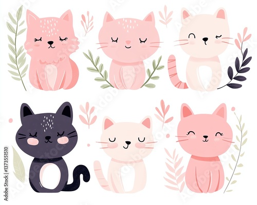 Cute animal stickers in pastel tones with simple shapes and plant backgrounds, suitable for children's art projects