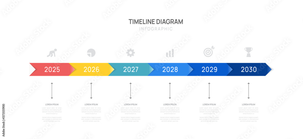 Fototapeta premium Timeline infographic with arrows and icons from 2025 to 2030 for business planning or project presentation.