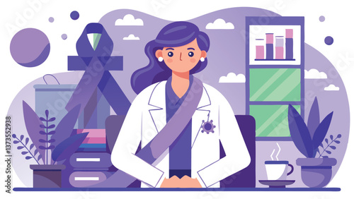 European female doctor holding a purple ribbon - a symbol of support for patients with cancer, Alzheimer's, epilepsy and other diseases. She works in a medical office.