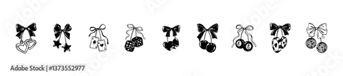Set of casino, bachelorette girls party, coquette hand drawn doodle design elements. Vintage linocut tattoo style vector illustration. Cherry branch with cute whimsical ribbon bow. Valentines day