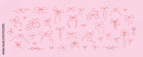 Set of hand drawn doodle ribbon bows. Cute line art vector vintage illustration. Trendy design elements in coquette minimalist style for wedding, Valentines day, birthday party. Present and gift box