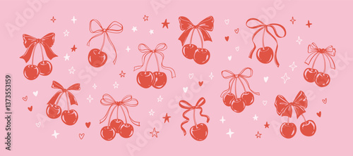 Hand drawn doodle cute coquette summer background with pink bow ribbon cherries. Feminine linocut sketch vector illustration. Girly vintage handwritting diesign with stars, bling, twinkle, glitter
