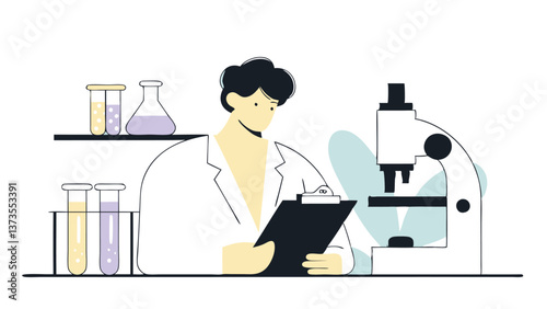 A young medical scientist in a white coat works in a modern laboratory, carefully taking notes on a tablet. He analyzes medical tests, evaluating the data obtained.