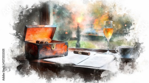 1930s Vintage Cigar Box in Cozy Setting with Soft Lighting and Sepia Tone Aesthetic