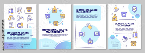 Biomedical waste management blue gradient brochure layout. Incineration, autoclaving. Leaflet advertising design with color line icons. Editable 4 pages. Arial-Bold, Myriad Pro-Regular fonts used